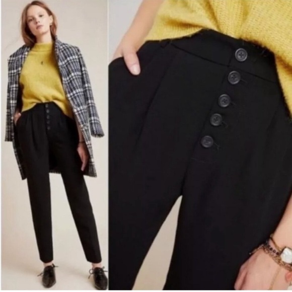 By Anthropologie Sasha button fly high waist tapered leg black trousers size 8 - Picture 3 of 16